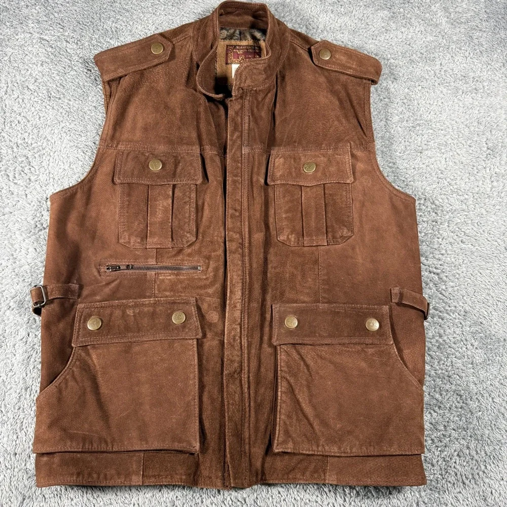 VTG 70s Suede Safari Vest Mens Large Utility‎ Animal Print Lining Photograph